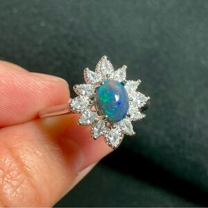Black Opal Ring Cubic Zirconia Crystals Adjustable Sterling Silver Ring Opal